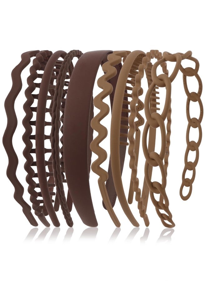 Semato 9 Pcs Non-Slip Headbands for Women - Brown Wide/Combed/Wavy Headbands Set with Teeth, Comfortable Plastic Hair Accessories for Daily Thick/Curly Hair styling - Image 1
